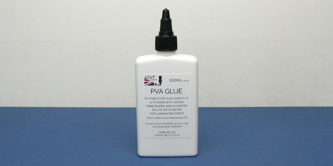 MS 00-01 PVA glue - 100ml 100ml (approx) of PVA glue selected by us for use with our laser cut kits. Bonds wood fibre board as well as plywood.
